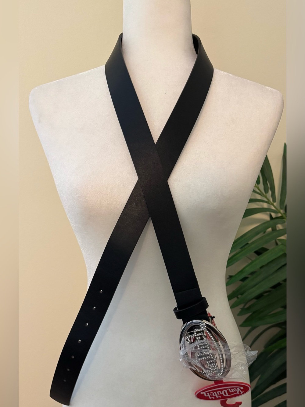 Black Leather Look Belt with Decorative Silver Buckle
